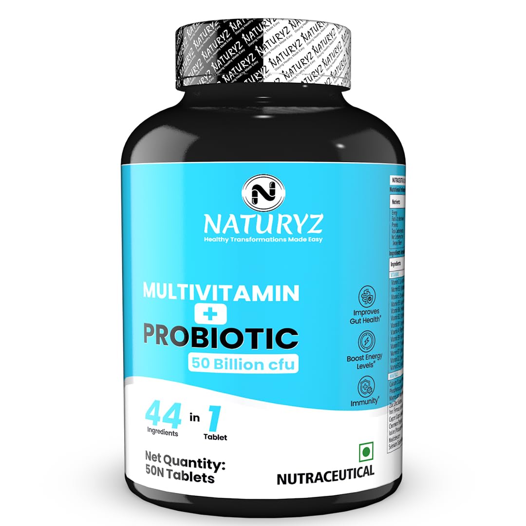 NATURYZ Highest Strength Daily Multivitamin with 50 Billion CFU Pre-Probiotics | Goodness of 2 Supplements in 1 | 44 Nutrients | Vitamins & Minerals Supports Gut Health, Immunity & Boosts Energy - 50 Tablets