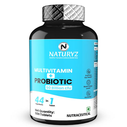 NATURYZ Highest Strength Daily Multivitamin with 50 Billion CFU Pre-Probiotics | Goodness of 2 Supplements in 1 | 44 Nutrients | Vitamins & Minerals Supports Gut Health, Immunity & Boosts Energy - 50 Tablets