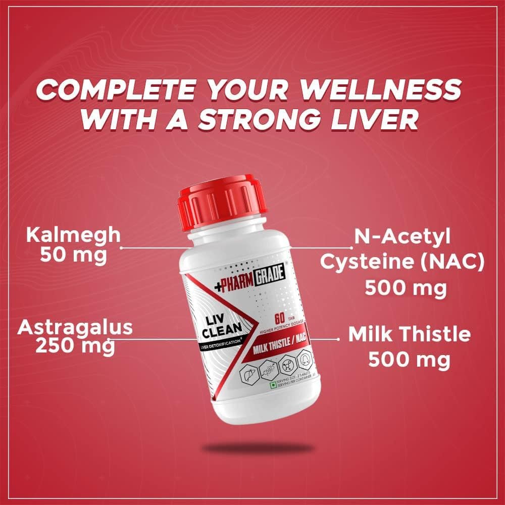 Pharmgrade LIV Clean Liver Detox With Milk Thistle 500mg | N- Acetyl Cysteine (NAC) 500mg | Pumpkin Seed Extract 100mg | L-Ornithine Aspartate 50mg | Kalmegh 50mg | Dandelion 50mg For Overall Liver Protection