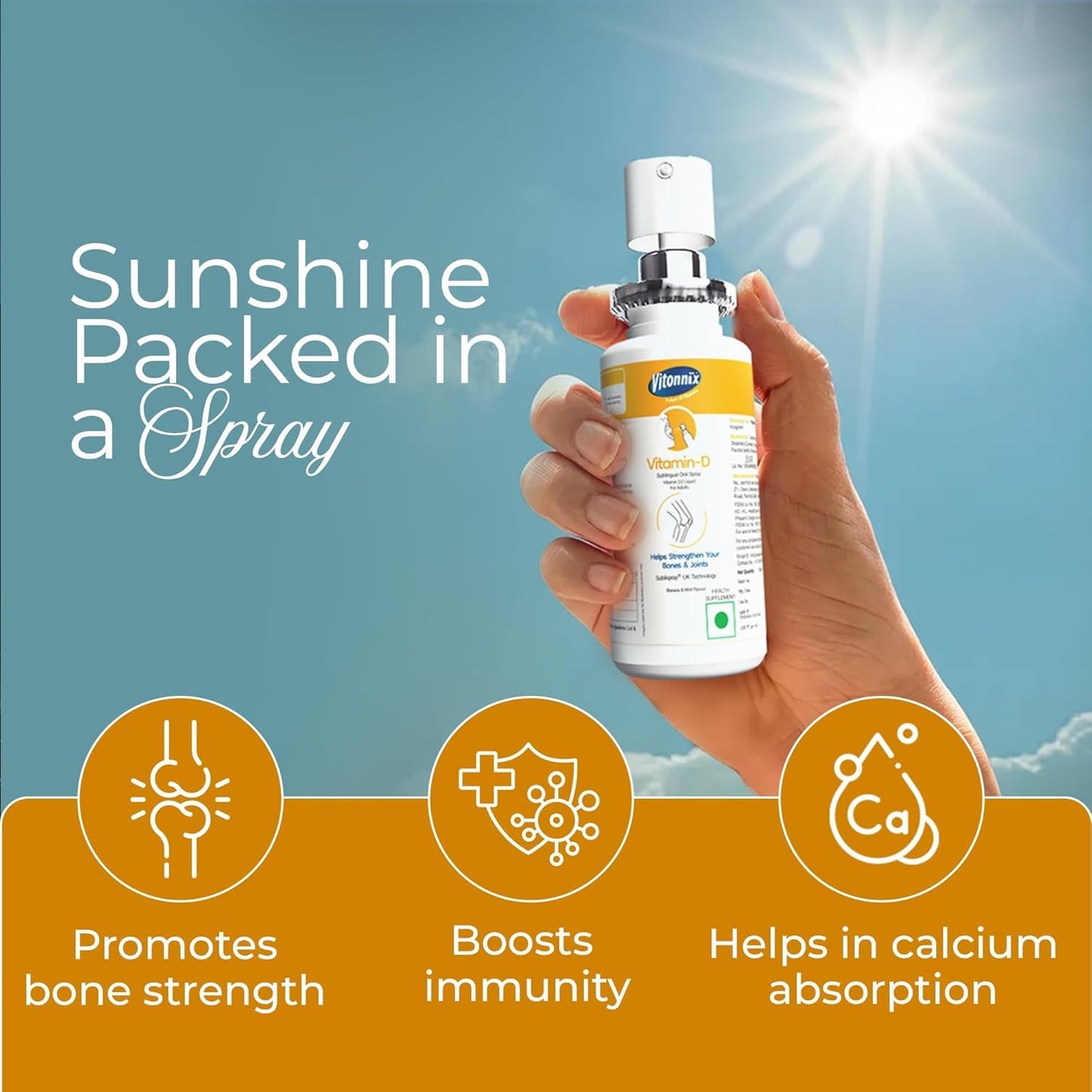 Vitonnix Vitamin D | Under the Tongue Sublingual Spray | Improves Bone Density, Boosts Immunity, Relieves Muscle Weakness, Uplifts Mood | High Potency Vitamin D Supplement – 20ml