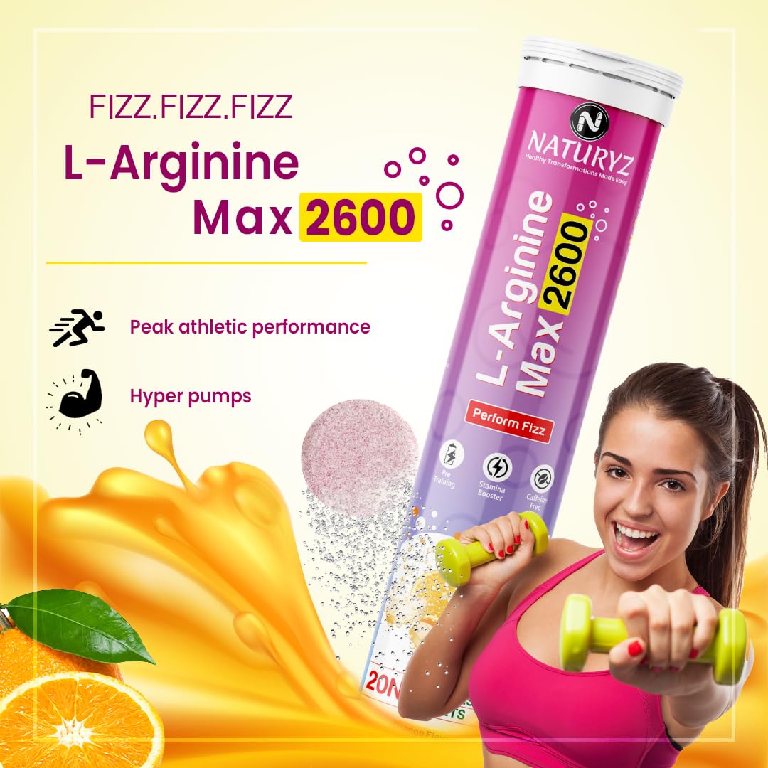 Naturyz L-Arginine Max 2600 Effervescent Tablets|Boosts Stamina|Increases Blood Flow|Improves Performance|Pre-workout Supplement 20 capsules (Orange Flavour), 3 count,