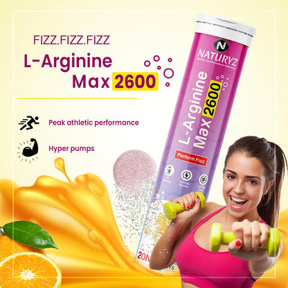 Naturyz L-Arginine Max 2600 Effervescent Tablets|Boosts Stamina|Increases Blood Flow|Improves Performance|Pre-workout Supplement 20 capsules (Orange Flavour), 3 count,