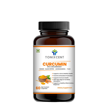 TONIXCENT Curcumin 95% Curcuminoids Capsules with Piperine, Turmeric Extract with Ginger, Ashwagandha & Tulsi, Joint & Mobility Support, Antioxidant & Daily Wellness Supplement, Veg Capsules for Men & Women– 60 Count