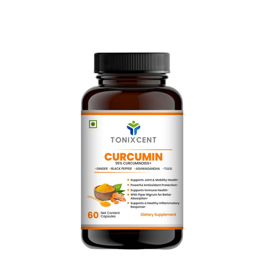 TONIXCENT Curcumin 95% Curcuminoids Capsules with Piperine, Turmeric Extract with Ginger, Ashwagandha & Tulsi, Joint & Mobility Support, Antioxidant & Daily Wellness Supplement, Veg Capsules for Men & Women– 60 Count