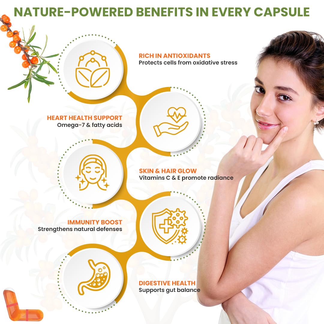 NATURYZ Himalayan Sea Buckthorn Berry Oil Triple Strength 1120mg | Liquid fill Technology for High Absorption & Bioavailability | Full Spectrum Cold-Pressed Vegetarian Omega 7 + Omega 3-6-9 | Skin Glow, Immunity & Gut Health Supplement | Gentler on Stomac