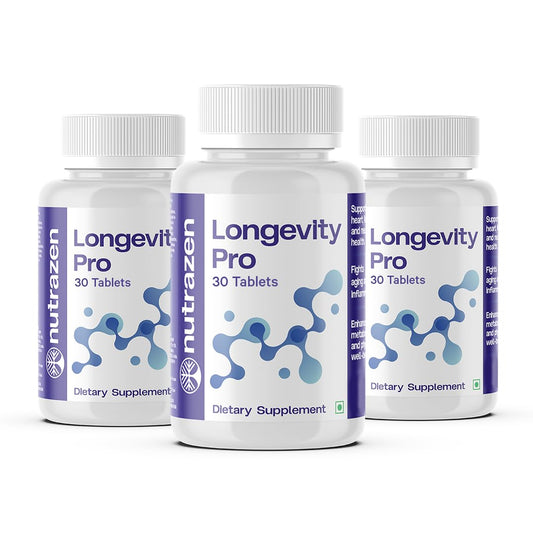 Nutrazen Longevity Pro (PO3-90 Tablets) - 90 Days Dosage | Resveratrol, NMN, CoQ10, L-Acetyl Carnitine,EGCG, Curcumin, L-Camosine, Hyaluronic Acid, Fisetin, Apigenin, Astaxanthin, Spermidine, Lycopene