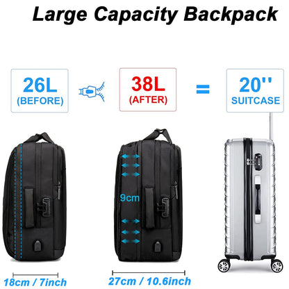 ah arctic hunter Golden Wolf Office Backpack for Men 26-38L TSA Lock Expandable Clothing Pocket Anti-theft Bag with Lock USB Port 17.3" Business Laptop Backpack for College Daily, Black