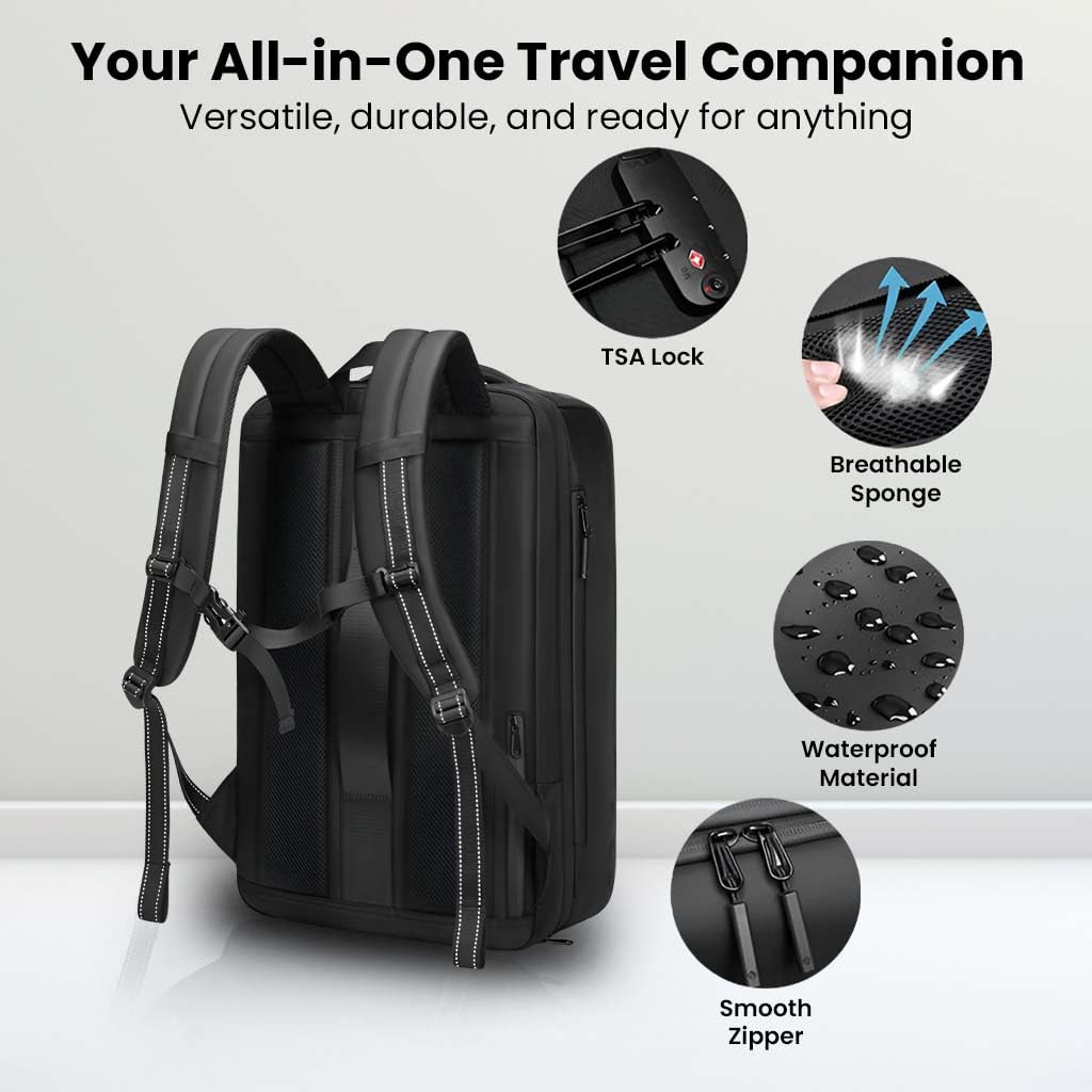 TECPHILE Vacuum Compression Backpacks Travel Bag for Men Smart Airpack 39-55L Expandable fit for 17" Laptop Bags Waterproof, Anti-Theft, TSA Lock, USB Port Carry-On Luggage for Airplane, Office