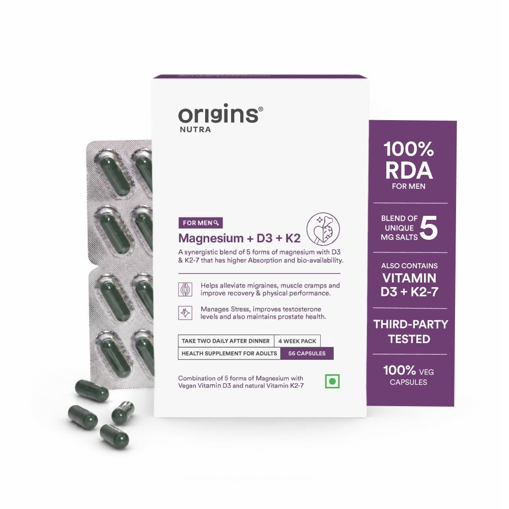 Origins Nutra 5-in-1 Magnesium + D3 + K2 for Men | 100% RDA of Magnesium, D3 & K2 | 56 Veg. Capsules | Supports Muscle Health, Energy & Stress Management | GMP Certified | Pack of 1