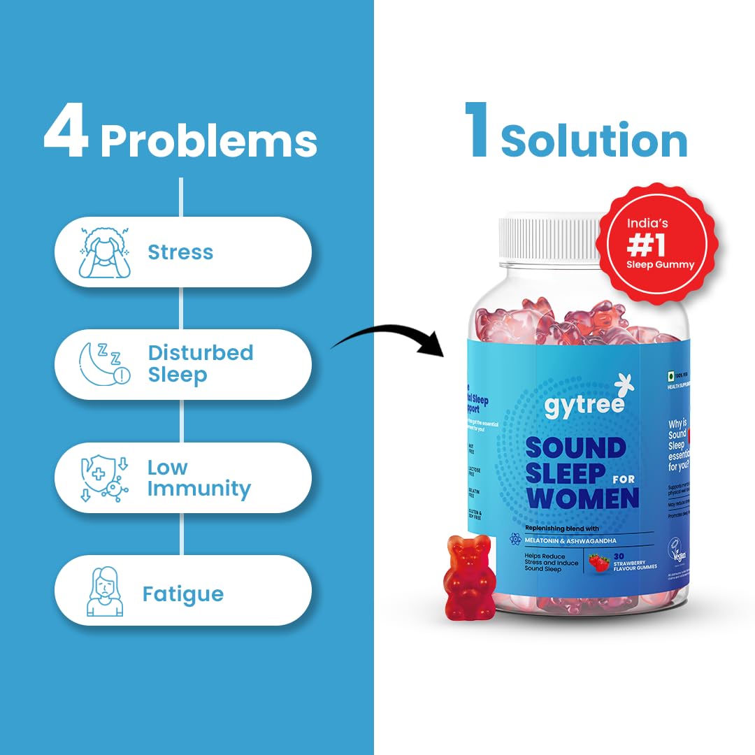 Gytree Sound Sleep Gummies for Women with Melatonin & Ashwagandha | Non-Addictive Sleep Gummies | Improves Sleep, Relaxes Nerves & Busts Stress | Sleep Supplement | Strawberry Flavour (Pack of 60)