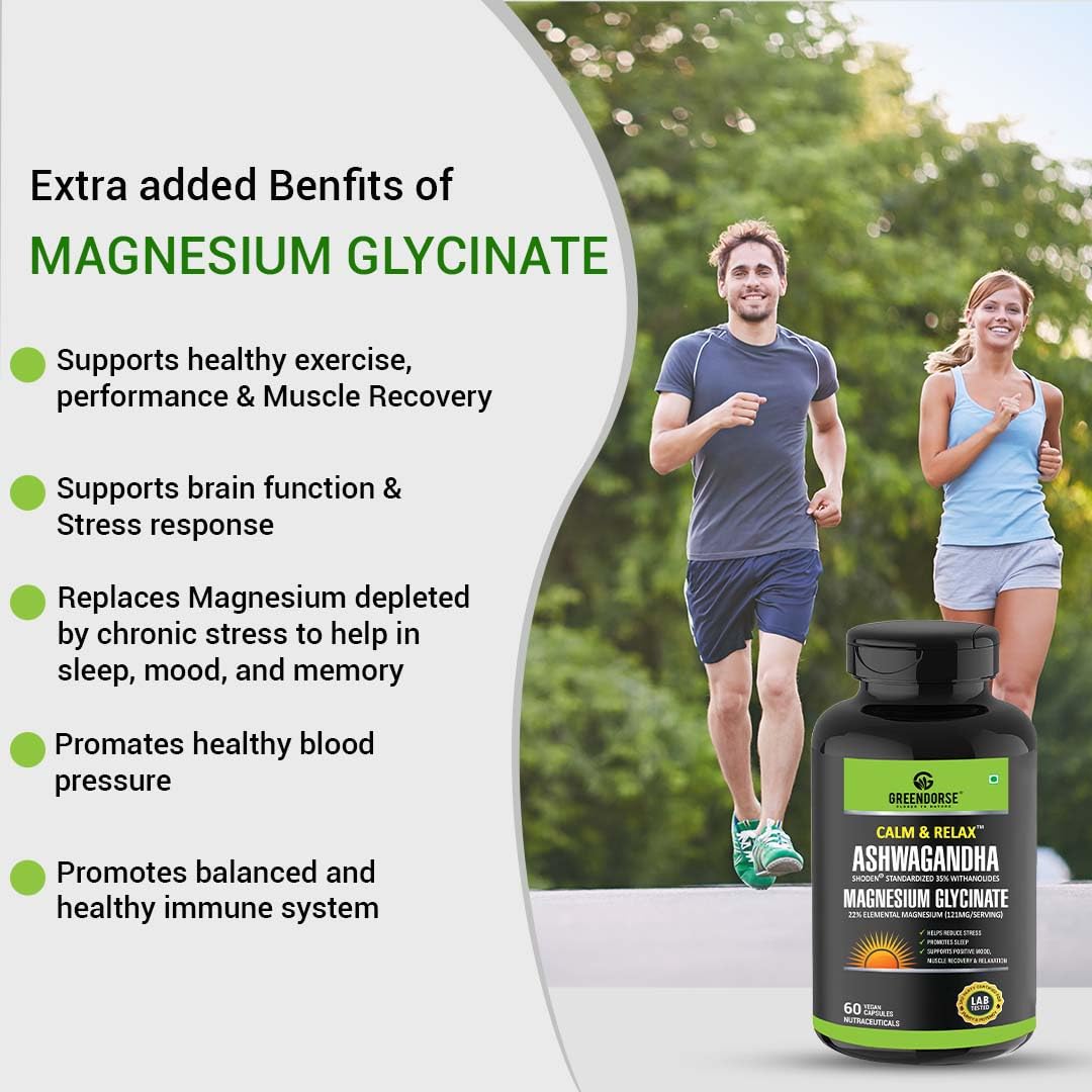 GREENDORSE Premium Shoden Ashwagandha 35% Withanolides with High grade Magnesium Glycinate & Probiotics- Calm & Relax™| For Stress Support, Calm & Relax Mind, Muscle recovery, Vitality Support - 60 Veg Capsules
