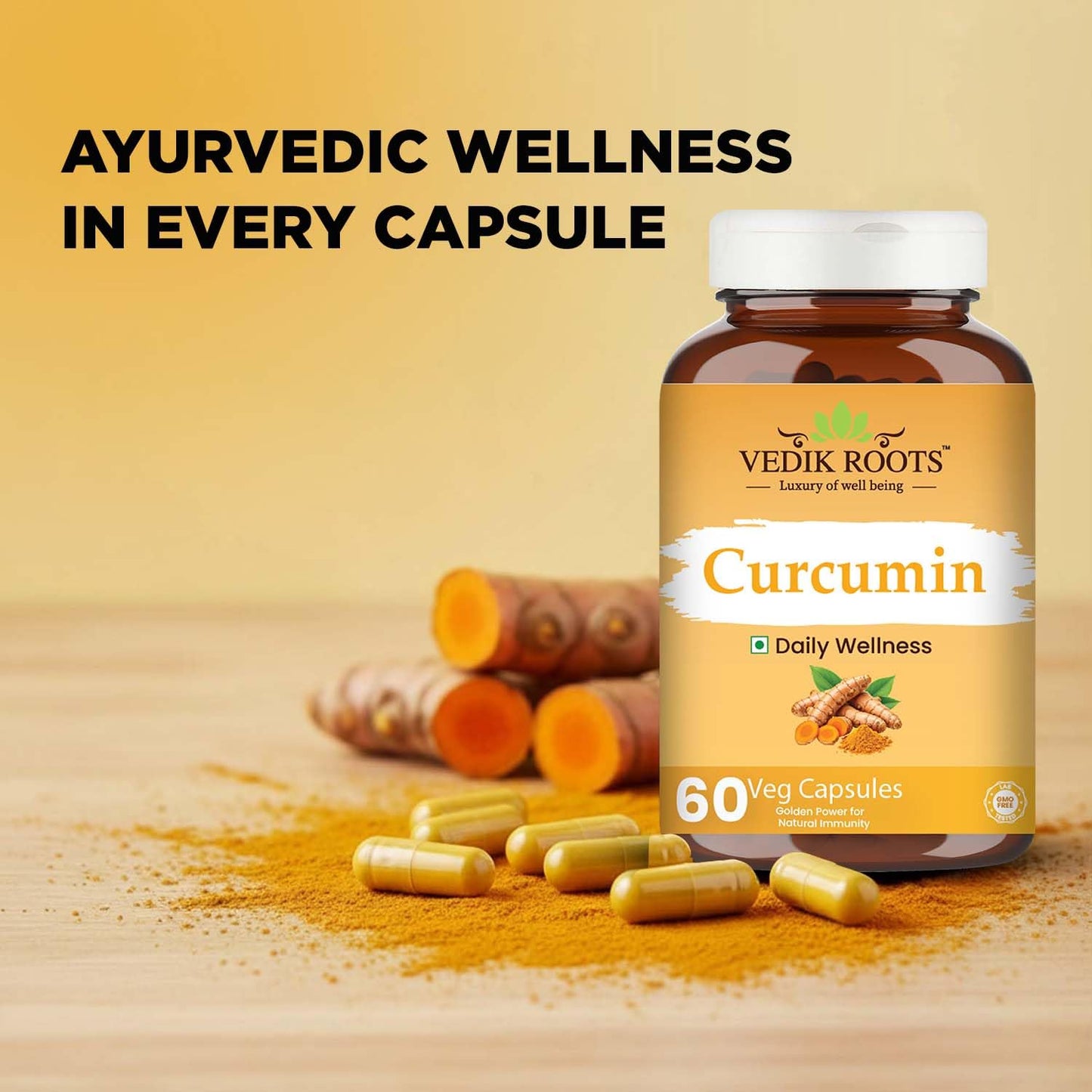 VedikRoots Curcumin Tablets with Piperine and 95% Curcuminoids | Anti-inflammatory Supplement for Adults | Turmeric, Ginger & Black Pepper | 60 Veg Capsules