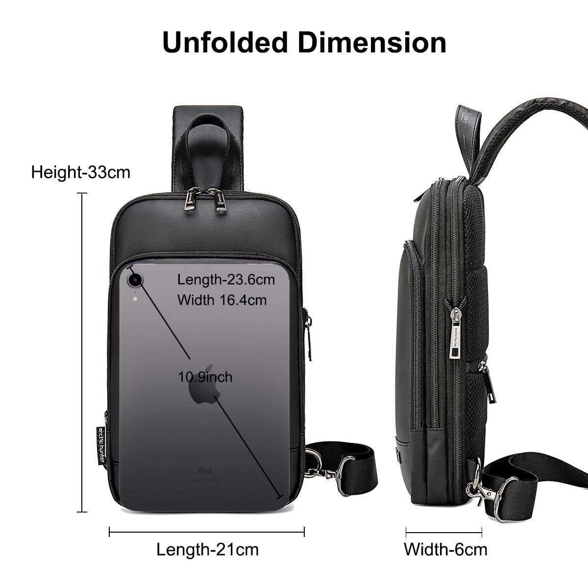 Arctic Hunter Expandable Sling Bag for Men Crossbody Slim 8L Sling Backpack Multi-pocket for Travel Chest Bag with 10.9" iPad Pocket Water-resistant One Side Shoulder Passport Bag for Office,Black