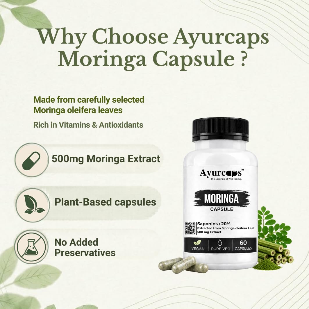 Ayurcaps Moringa Capsules | Moringa Leaves Extract 500mg | Herbal Ayurvedic Supplement For Daily Wellness, Energy & Active Lifestyle Support | Rich In Vitamins & Minerals | Vegan Pure Veg Capsules | 60 Capsules