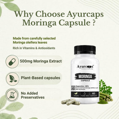 Ayurcaps Moringa Capsules | Moringa Leaves Extract 500mg | Herbal Ayurvedic Supplement For Daily Wellness, Energy & Active Lifestyle Support | Rich In Vitamins & Minerals | Vegan Pure Veg Capsules | 60 Capsules