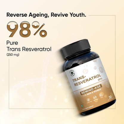 CUREFOREVER Trans Resveratrol 250mg, 30 Veg Capsules | 98% Pure, Powerful Antioxidant for Anti-Ageing, Immunity Boost & Heart Health