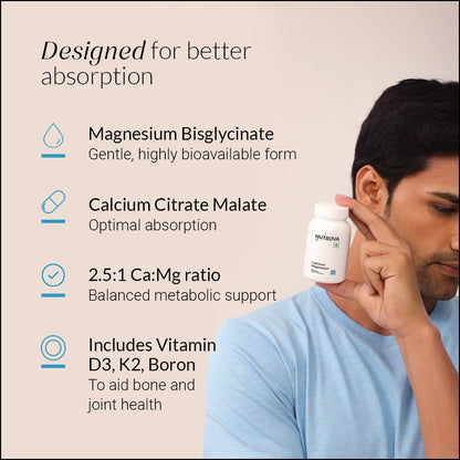 Nutrova Calcium+Magnesium | With Vitamin D3, K2-MK7 & Boron | Boosts Bone Strength, Joint & Muscle Health | High Absorption with Calcium Citrate Malate & Magnesium Bisglycinate | 60 Veg Tablets.