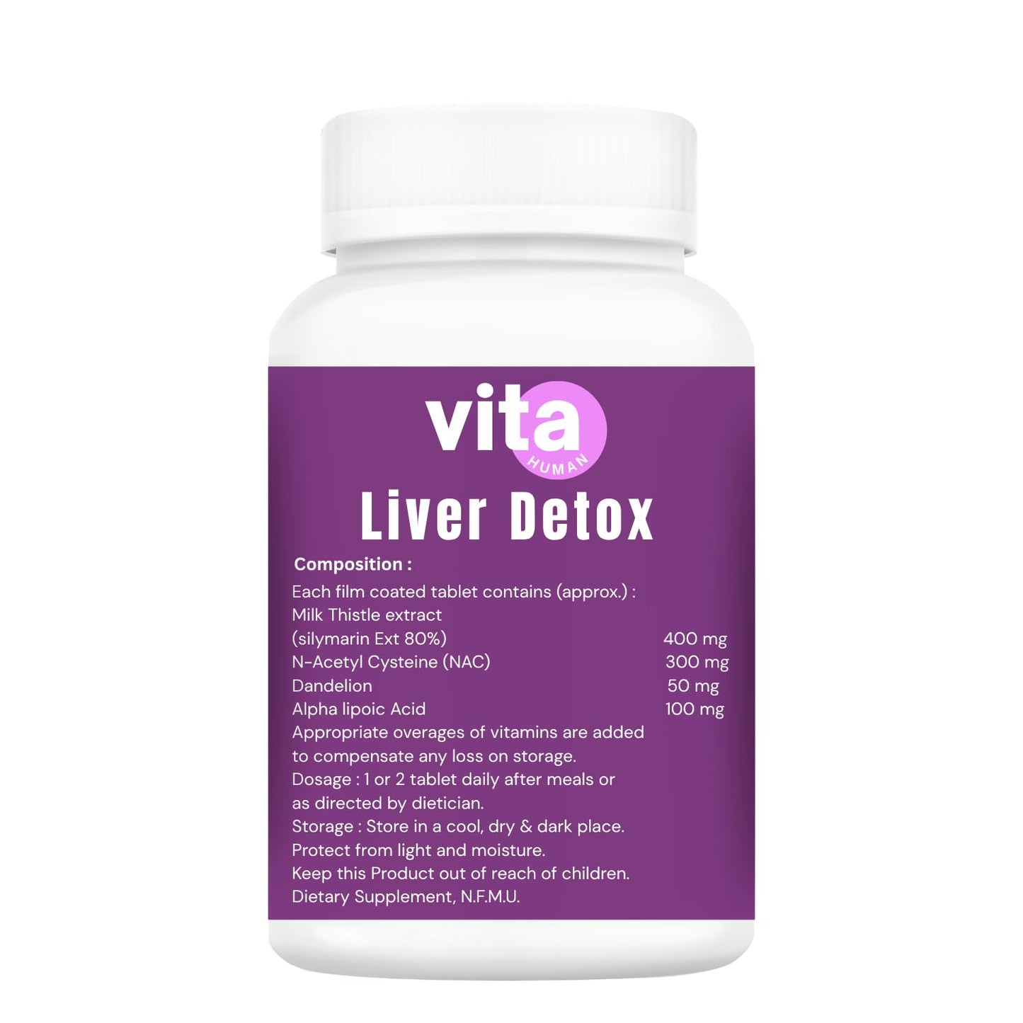 Vitahuman Liver Detox Tablets with Milk Thistle (80% Silymarin), N-Acetyl Cysteine, Dandelion & Alpha Lipoic Acid – For Liver Cleanse & Detox Support | 60 Tablets