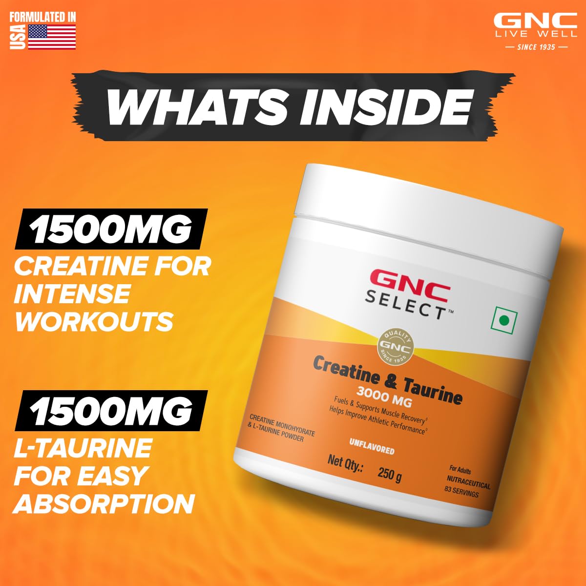 GNC Pure Micronized Creatine Monohydrate + Taurine | 250 gm | 83 Serving | Unflavoured | Instantized | Fuels Muscles | Increase Muscle Mass | Rapid Absorption | Faster Muscle Building| Lab Tested | Faster Muscle Recovery| Boost Performance | Imported