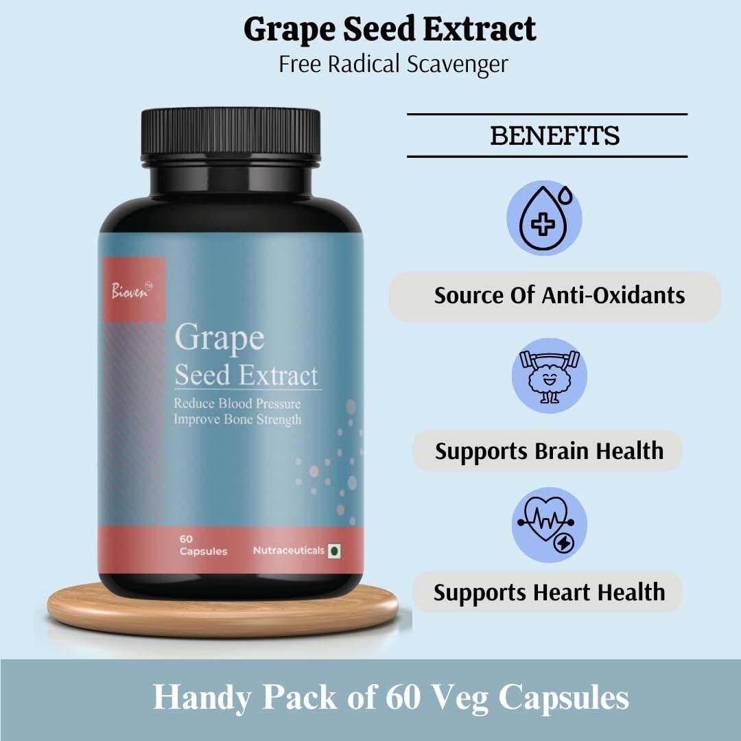 Biovencer Grape Seed Extract| Reduce Blood Pressure | Improve Bone Strength | Helps in Weight Loss | Pack of 60 Veg Capsule