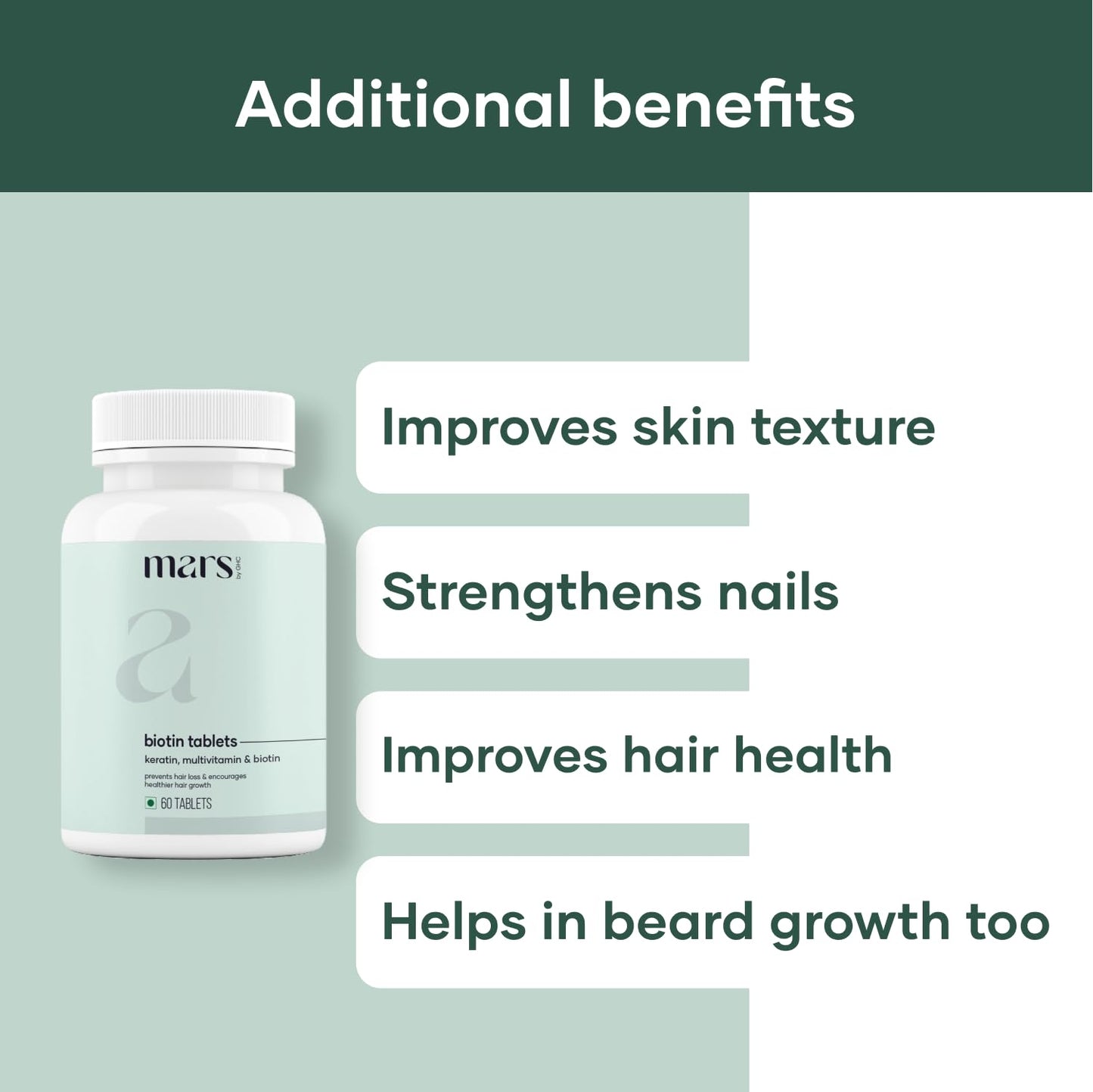 Mars by GHC Biotin Tablets - 60 Tablets | Keratin, Hair Fall Control, Nourishment | Biotin Supplement for Hair Growth, Glowing Skin | Enhances Scalp Conditions, Boosts Hair Growth