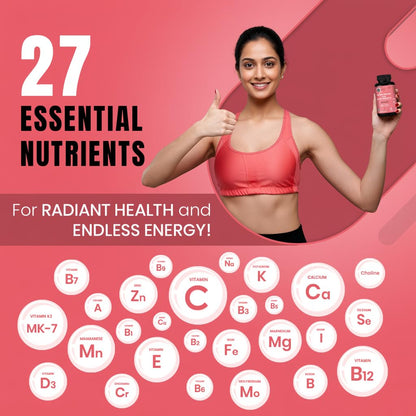 CUREFOREVER Multivitamin Tablets for Women with Vitamin C, Zinc & Biotin | Complete Multivitamin for Women’s Wellness | Supports Energy, Bone Health, Skin & Immunity | 60 Veg Tablets