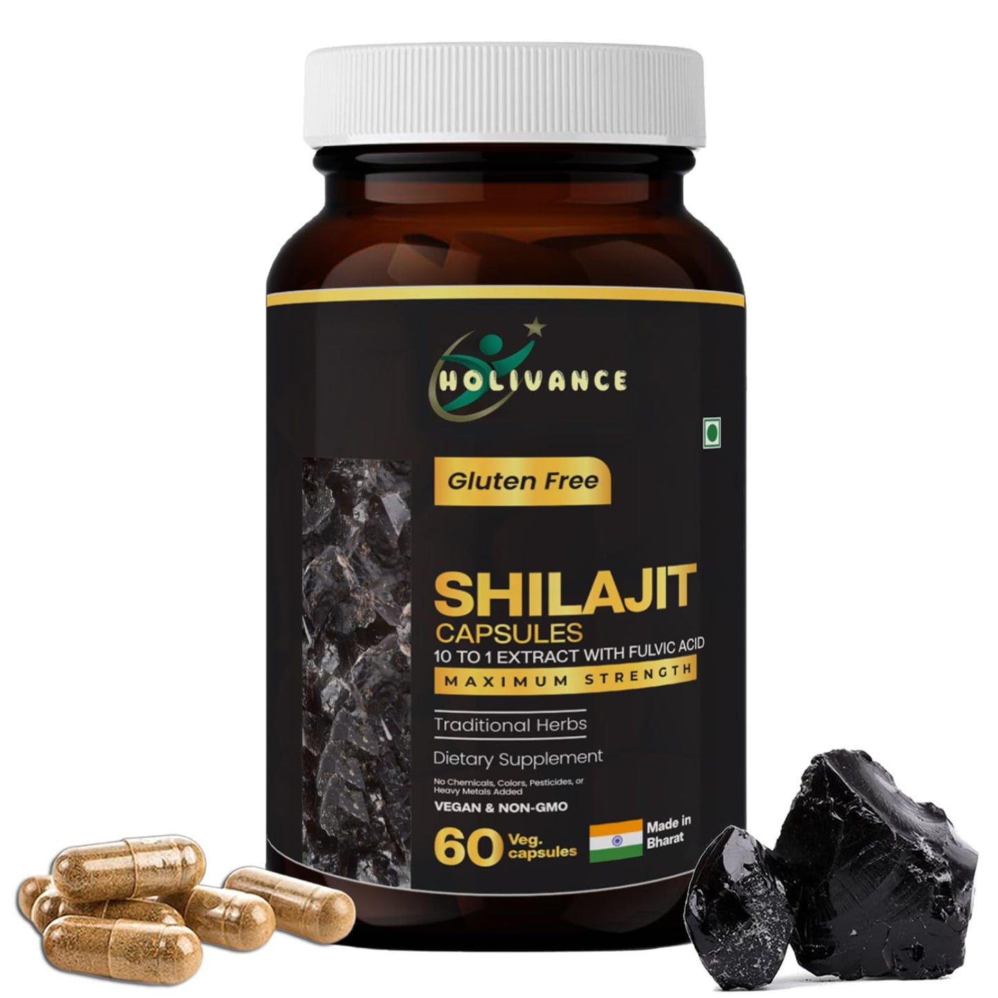 HOLIVANCE Himalayan Shilajit 500mg Maximum Potency Organic Capsules 60 Count with Fulvic Acid & Trace Minerals for Enhanced Energy and Immune Support Men & Women