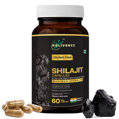 HOLIVANCE Himalayan Shilajit 500mg Maximum Potency Organic Capsules 60 Count with Fulvic Acid & Trace Minerals for Enhanced Energy and Immune Support Men & Women
