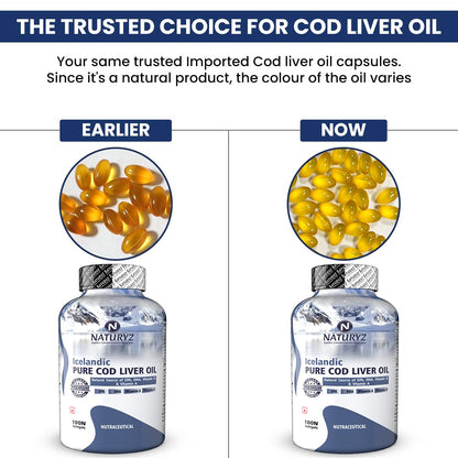 Naturyz Imported Icelandic COD Liver Oil Capsules with Natural Omega 3 (EPA & DHA), Rich in Vitamin D & A, Mercury Free, Immunity, Skin, Eye, Muscle & Joint Health Softgels, 100 Count, Pack of 1