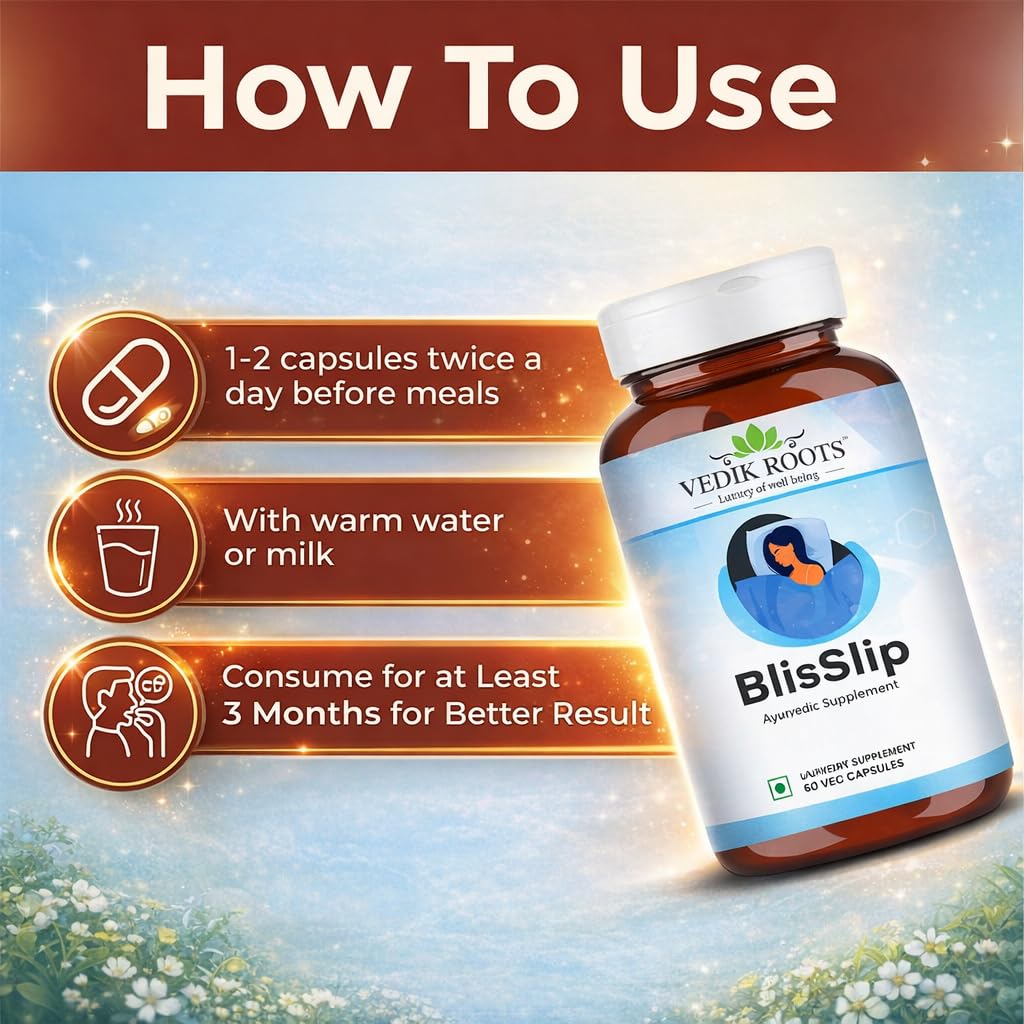 VEDIKROOTS BlisSlip Ayurvedic Sleep Support Capsules | Herbal Wellness Supplement for Relaxation & Calmness | Helps in Healthy Sleep Routine & Relaxation | 60 Veg Capsules | (Pack of 1)