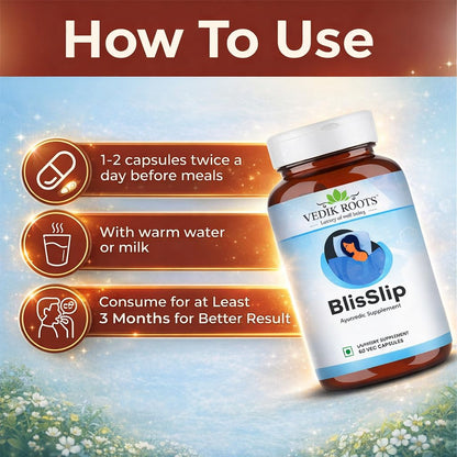 VEDIKROOTS BlisSlip Ayurvedic Sleep Support Capsules | Herbal Wellness Supplement for Relaxation & Calmness | Helps in Healthy Sleep Routine & Relaxation | 60 Veg Capsules | (Pack of 1)