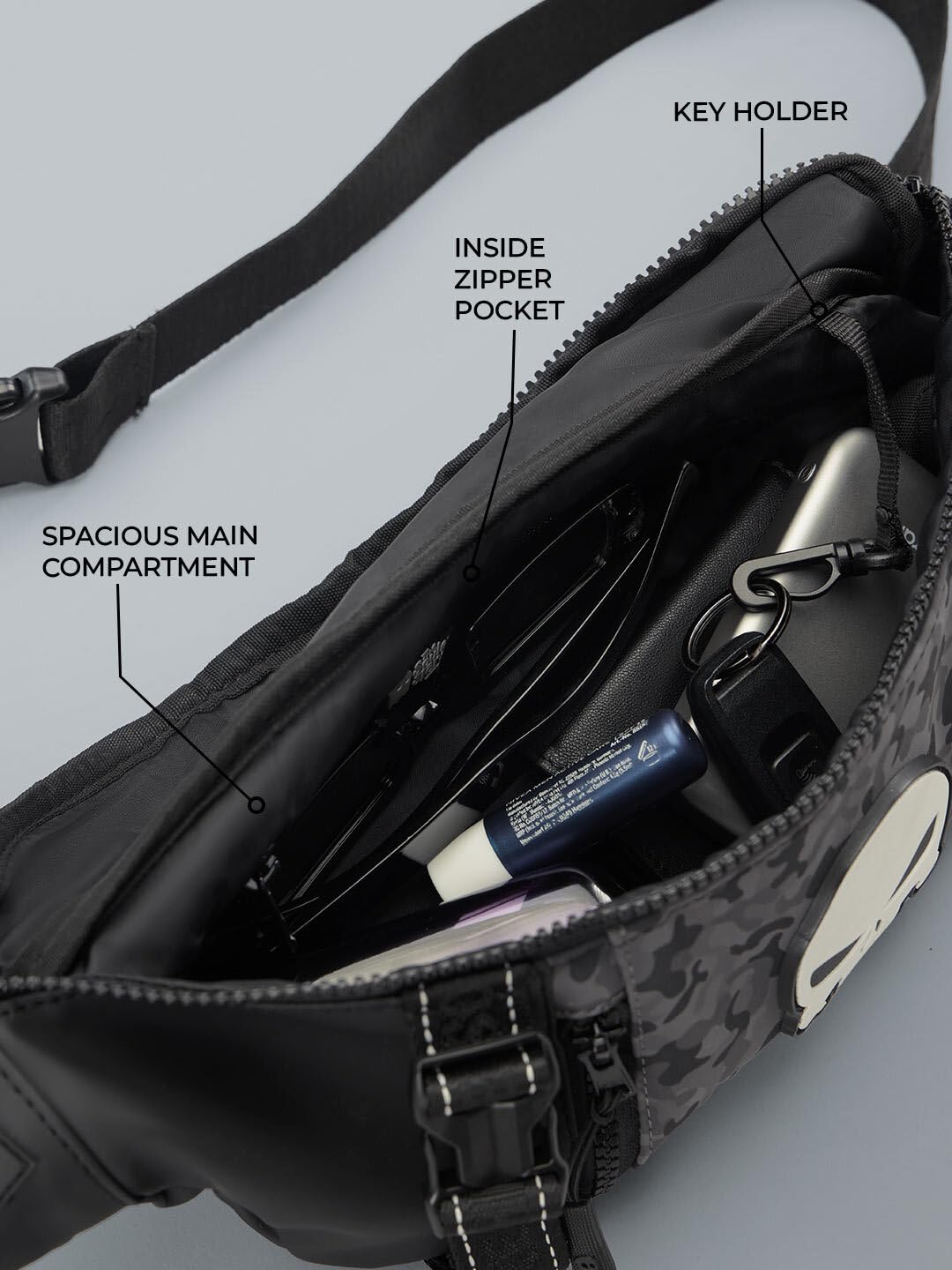 The Souled Store Marvel Punisher Utility Gear Fanny Pack Crossbody Sling Bag 4L Spacious Durable PU with Adjustable Strap Travel Daily Use Waist Bag for Men and Women