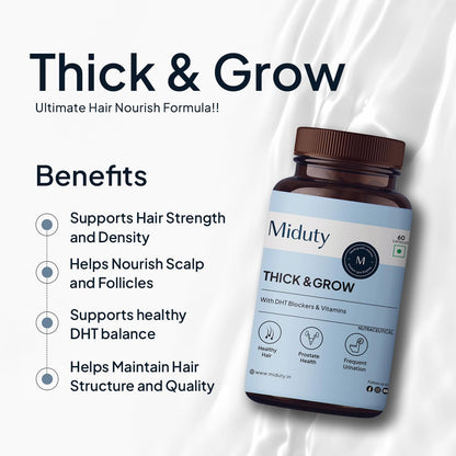 Miduty Thick & Grow Biotin Hair Supplement with DHT Blockers, Amino Acids, Vitamins & Minerals for Glowing Skin, Strong Hair & Nail- for Men & Women - 60 Veg Capsules