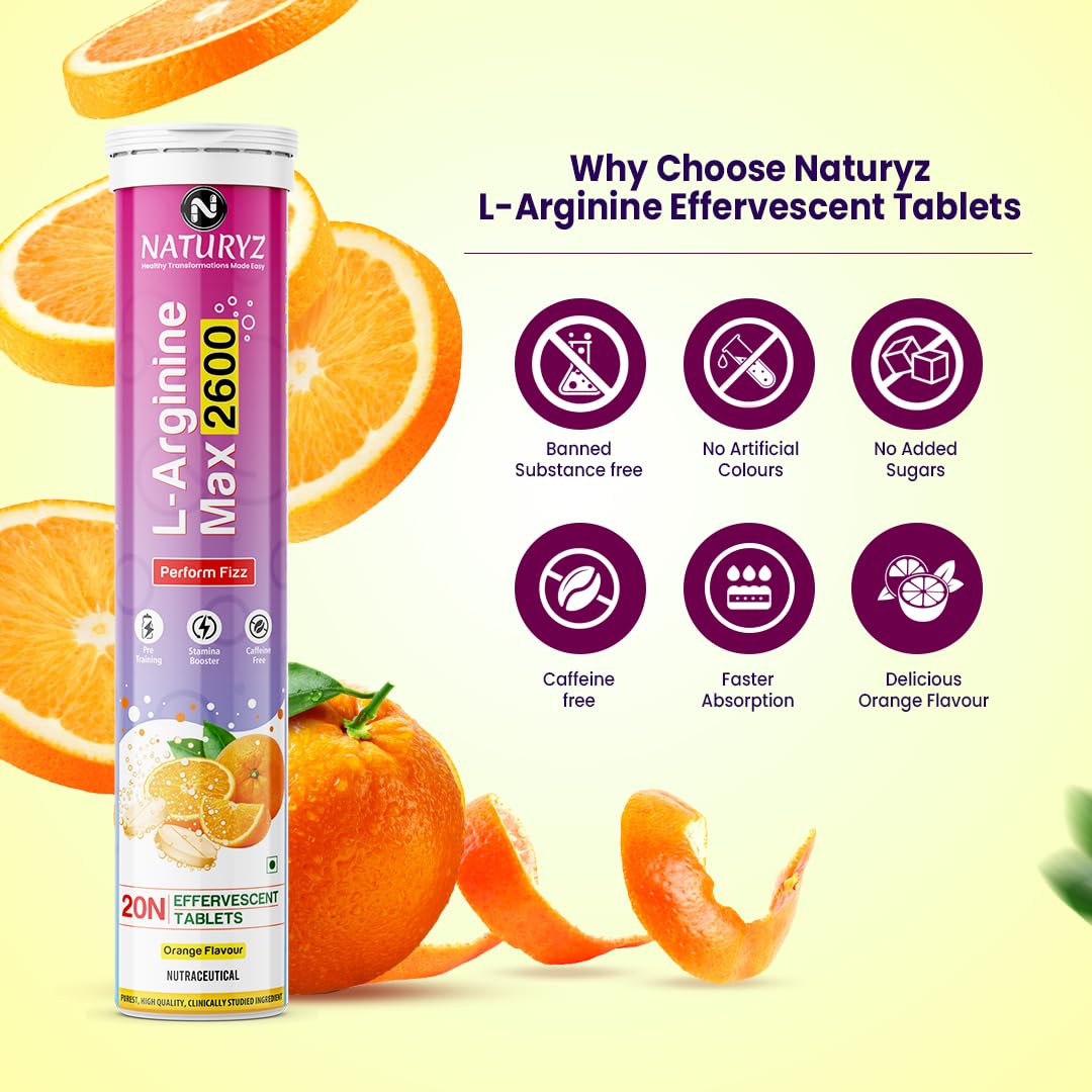 Naturyz L-Arginine Max 2600 Effervescent Tablets|Boosts Stamina|Increases Blood Flow|Improves Performance|Pre-workout Supplement 20 capsules (Orange Flavour), 3 count,