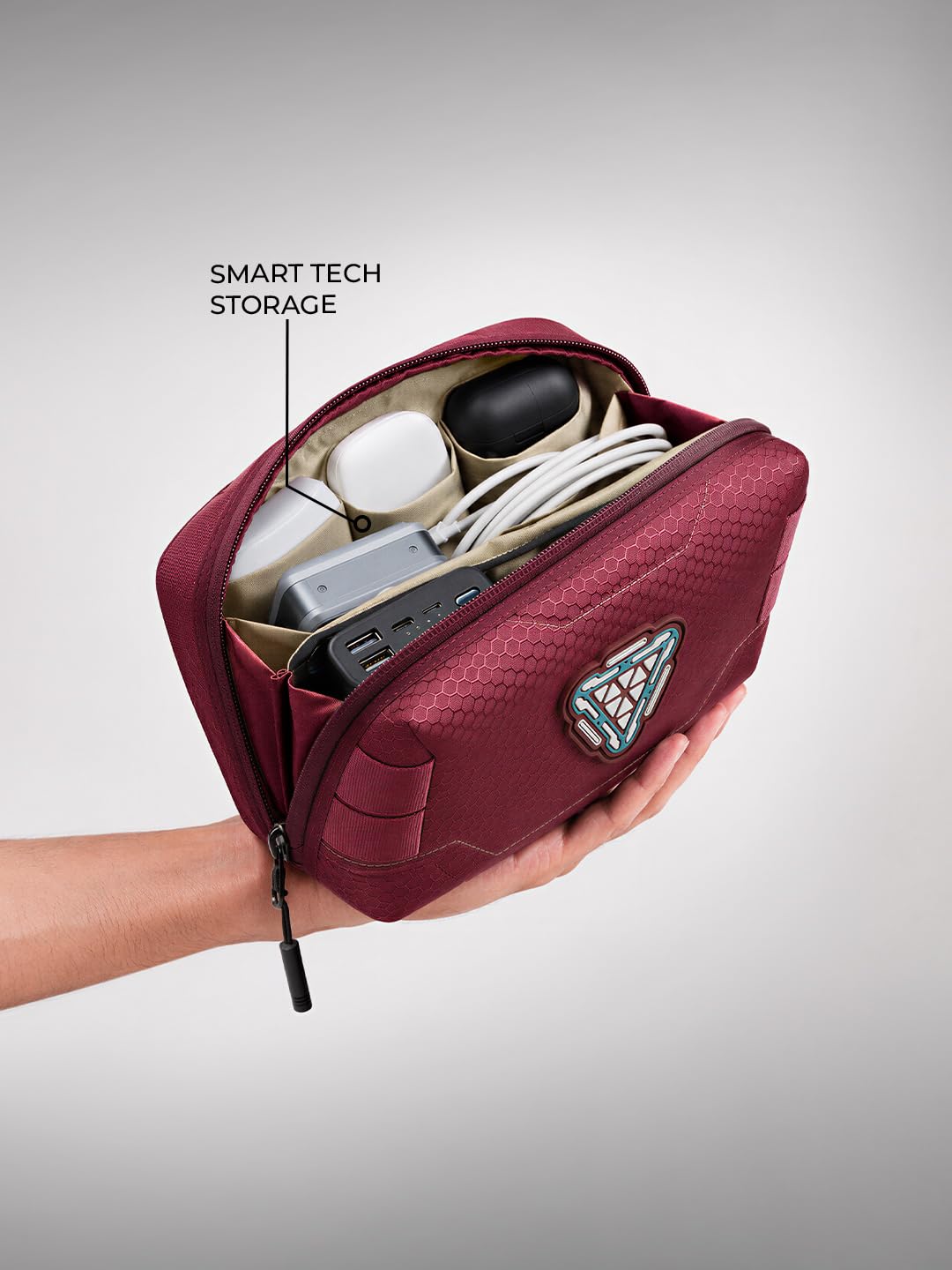 The Souled Store Iron Man: Stark Industries Tech Organizer – Maroon Water-Resistant Polyester Electronics Travel Pouch with 3D Arc Reactor Emblem for Chargers, Cables, and Gadgets