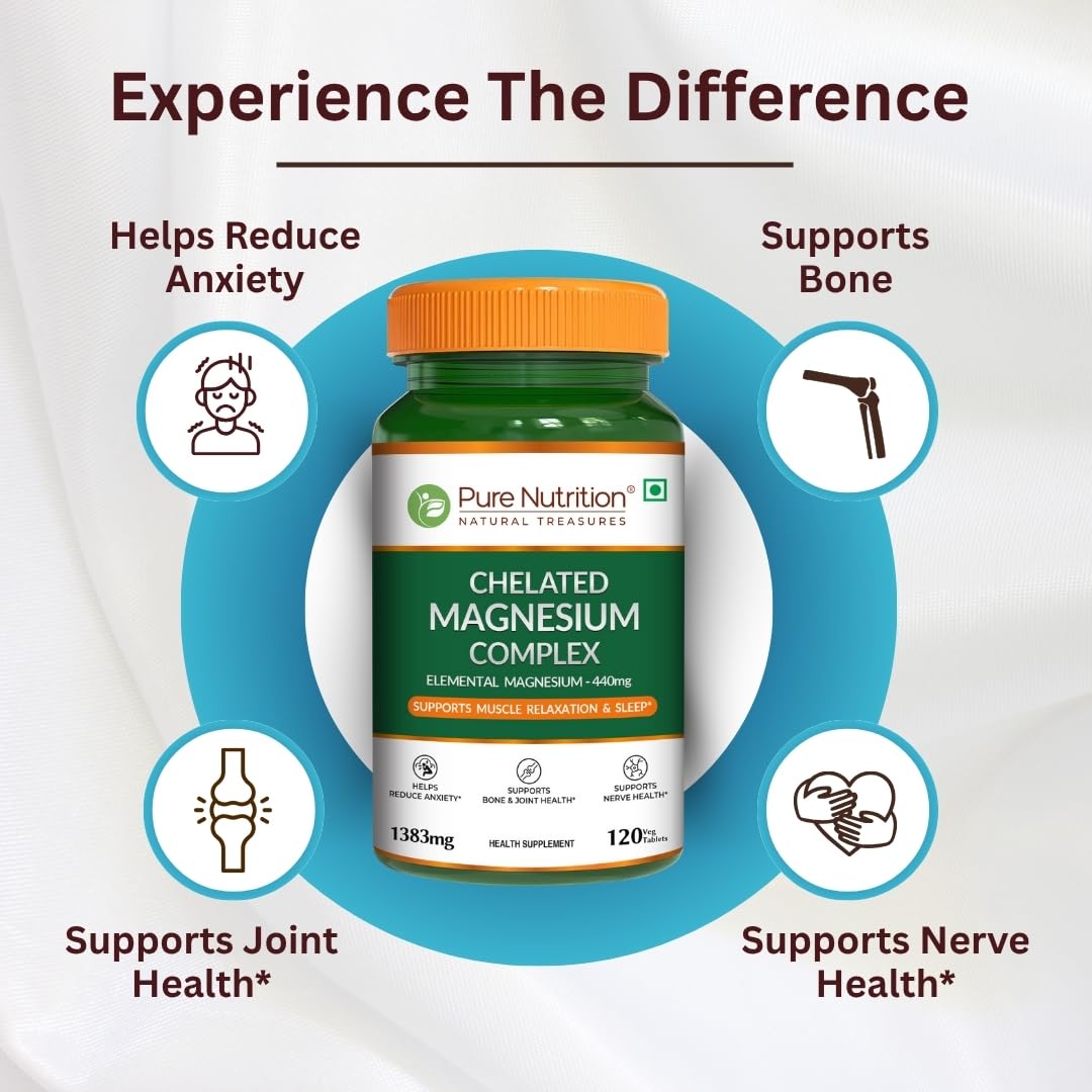 Pure Nutrition Chelated Triple Magnesium Complex Supplement - 60 Tablets | Magnesium Glycinate Complex With Citrate & Oxide Supplement Supports Bones Muscles & Nerves 1383mg Per Serving