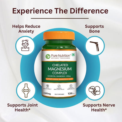 Pure Nutrition Chelated Triple Magnesium Complex Supplement - 60 Tablets | Magnesium Glycinate Complex With Citrate & Oxide Supplement Supports Bones Muscles & Nerves 1383mg Per Serving