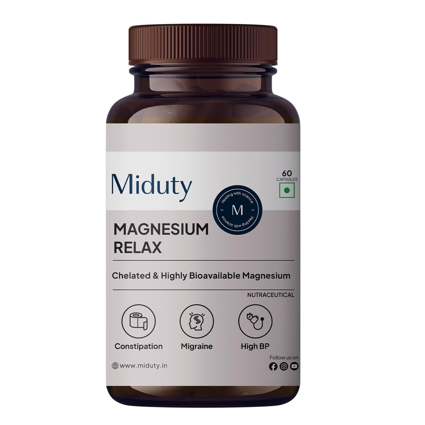 Miduty Magnesium Relax – 1000mg Chelated Magnesium Bisglycinate + Vitamin B6 - Non-Laxative, High Absorption - Supports Sleep, Muscle Recovery, Cramps & Migraine Relief - 60 Veg Capsules