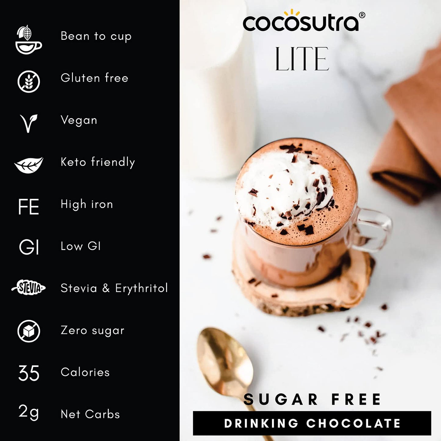 COCOSUTRA LITE | GLOW - Sugar Free Drinking Chocolate Mix | For Skin Elasticity & Renewal | Collagen Builder for Women & Men | Vegan | Keto Friendly Hot Chocolate | Enjoy hot or cold | 200 g