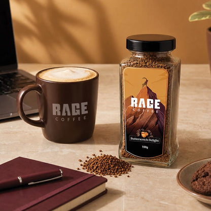 Rage Coffee Butterscotch Delight Flavour - Premium Arabica Instant Coffee (Make Delicious Hot/Cold Coffee) | (Butterscotch Delight, 100g)