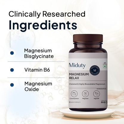 Miduty Magnesium Relax – 1000mg Chelated Magnesium Bisglycinate + Vitamin B6 - Non-Laxative, High Absorption - Supports Sleep, Muscle Recovery, Cramps & Migraine Relief - 60 Veg Capsules
