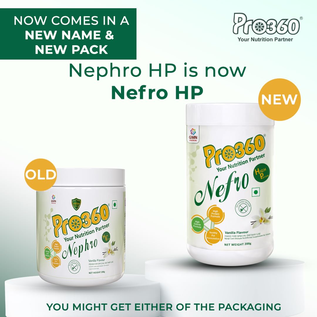 PRO360 Nefro HP (Fka Nephro HP) High Protein Dialysis Care Nutritional Supplement Powder - High Fat Formula Enriched With L-Taurine, L-Carnitine|No Added Sugar, Vanilla Flavour 200 Gram