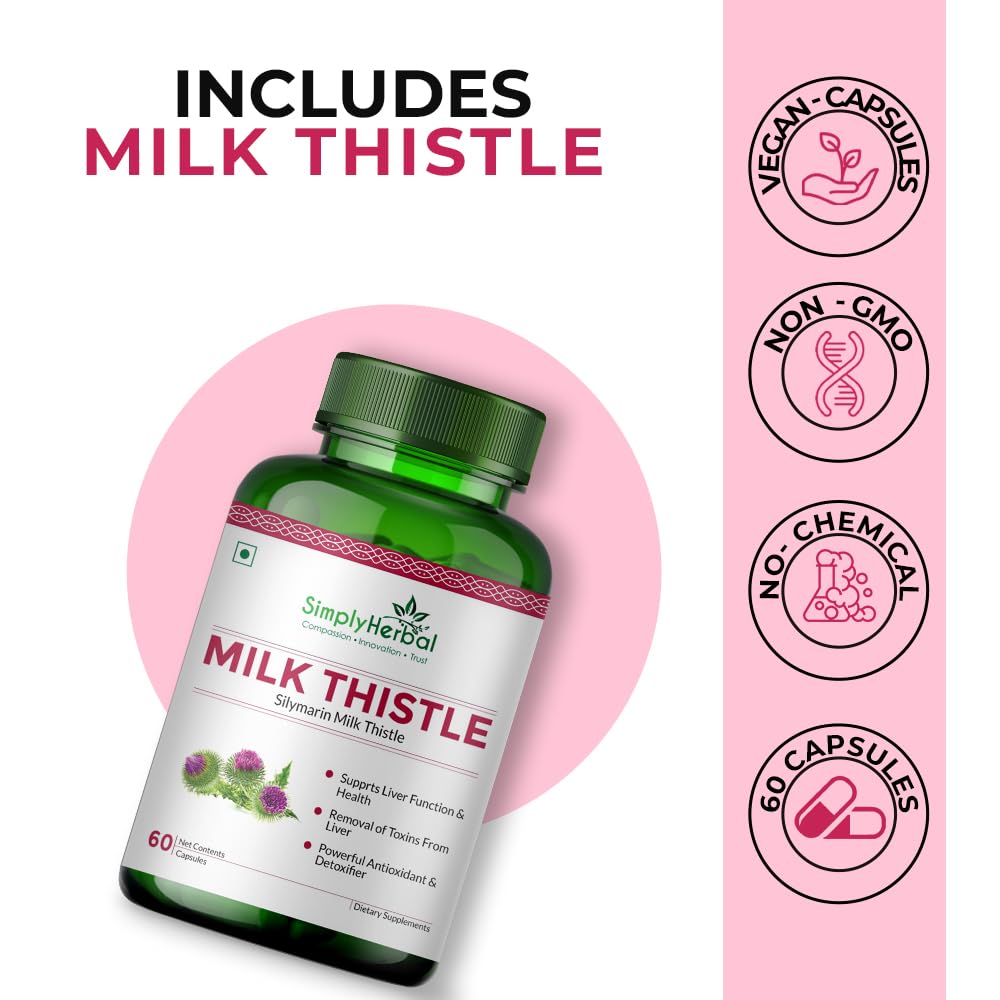 Simply Herbal Milk Thistle Extract 800mg with Silymarin – 60 Vegetarian Capsules | Liver Support Formula | Herbal Supplement for Wellness