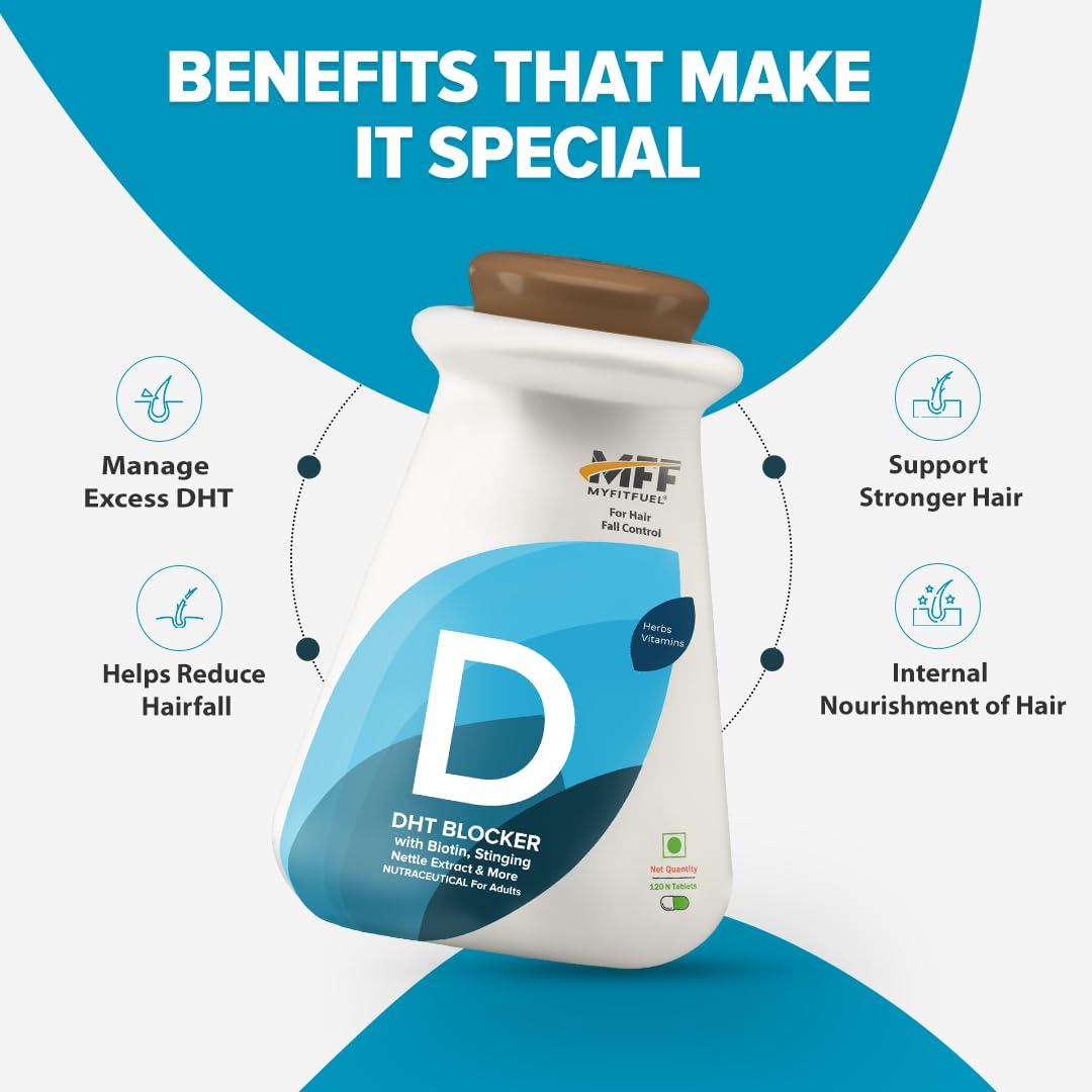 MyFitFuel DHT Blocker with Biotin (For 4 Months), Singing Nette, Vitamin E, Zinc, | For Hair Fall Control, (120 tablets)