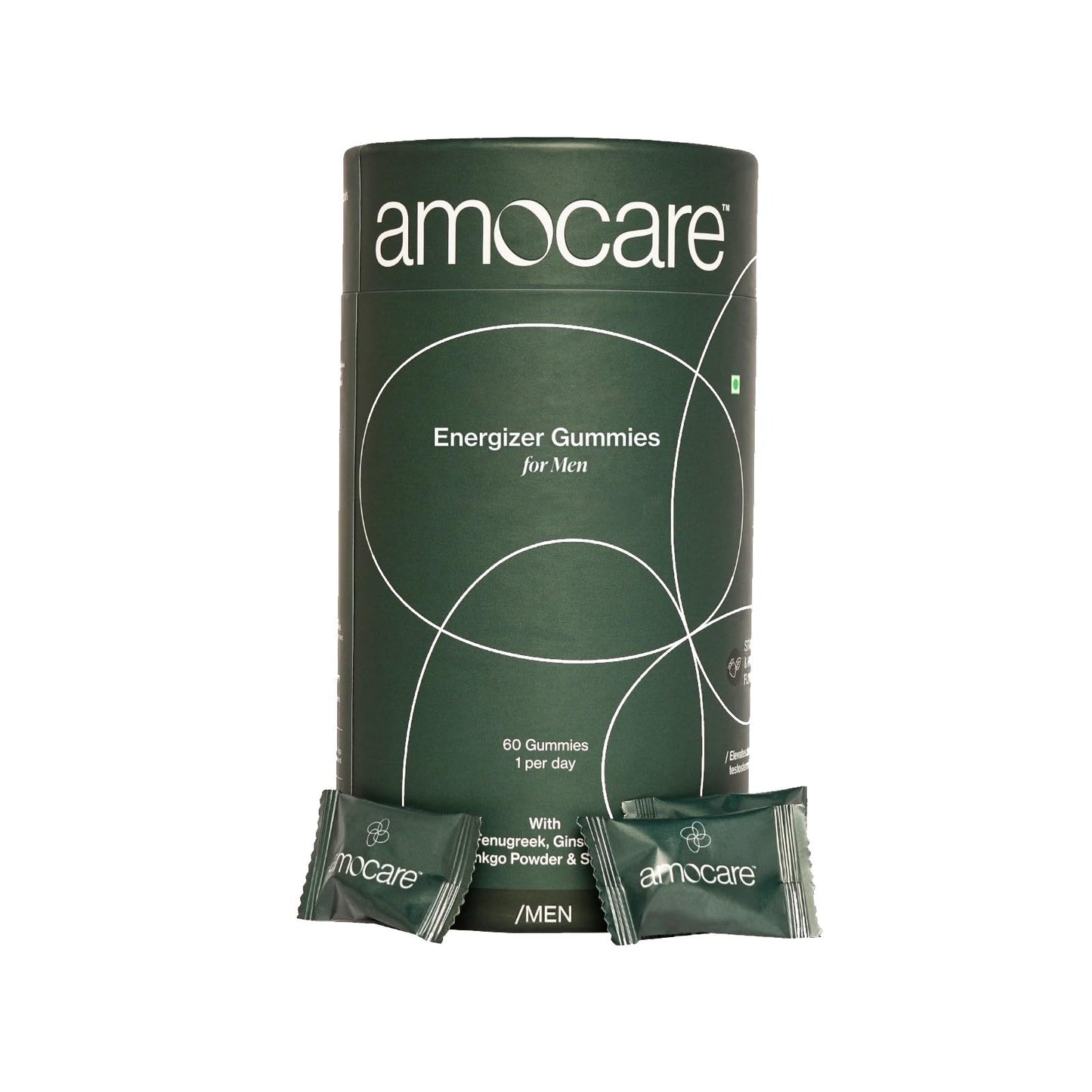 Amocare Energy Gummies for Men | Fenugreek, Ginseng, Ginkgo Powder & Saffron | Improves Energy & Muscle Strength, Promotes Well-Being | Strawberry & Mint Flavour | 60 Gummies - 1 Per Day | Veg