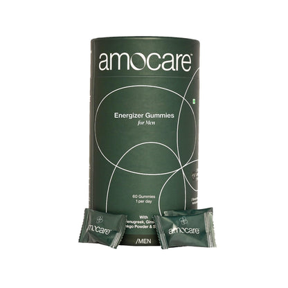 Amocare Energy Gummies for Men | Fenugreek, Ginseng, Ginkgo Powder & Saffron | Improves Energy & Muscle Strength, Promotes Well-Being | Strawberry & Mint Flavour | 60 Gummies - 1 Per Day | Veg
