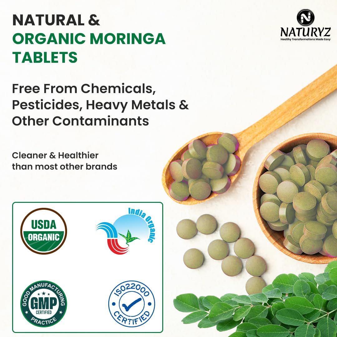 NATURYZ Organic Moringa Highest Strength 1200mg tablets | Supports Energy, Vitality, Detox, Metabolism & Immunity in Men & Women | Non-GMO, Vegan, Gluten-Free | USDA Organic Certified | Pesticides & Chemical Free – 60 Veg tablets