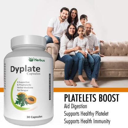 DyPlate | Supports Platelets | Immunity | Digestion | Giloy | Papaya leaves | kiwi | Tulsi | Black pepper | Platelets Support | 30 Capsules | Pack of 1