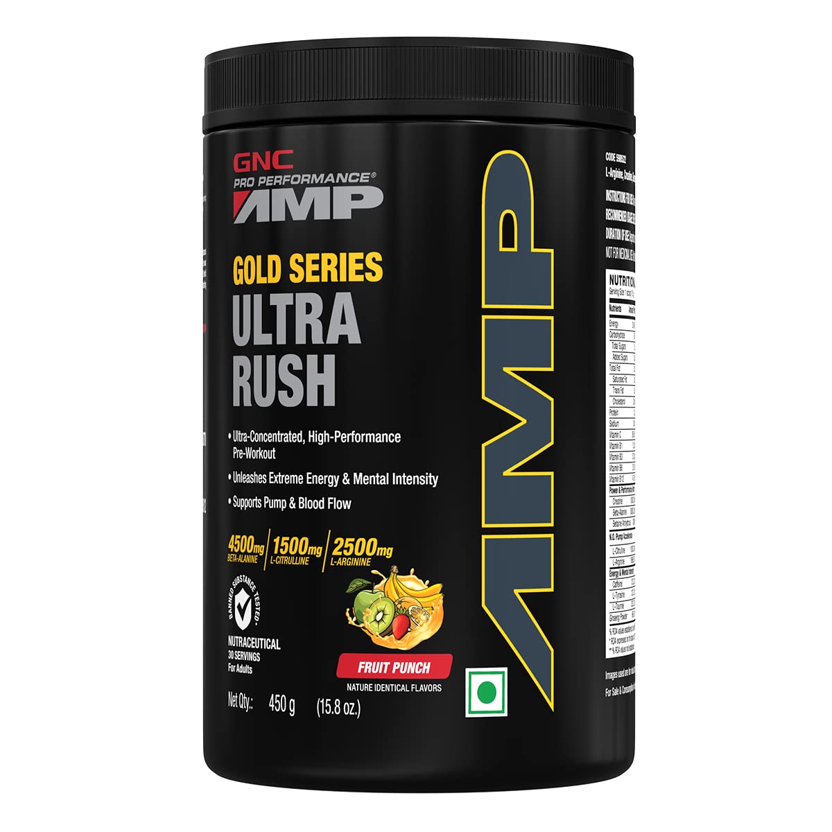GNC AMP Gold Series Ultra Rush Pre-Workout | 450 gm | 30 Servings | Maximum Energy & Stamina | Deep Mental Focus | Powerful Muscle Pump | 4.5g Beta-Alanine | 1.5g L-Citrulline | 2.5g L-Arginine | Fruit Punch