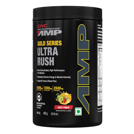 GNC AMP Gold Series Ultra Rush Pre-Workout | 450 gm | 30 Servings | Maximum Energy & Stamina | Deep Mental Focus | Powerful Muscle Pump | 4.5g Beta-Alanine | 1.5g L-Citrulline | 2.5g L-Arginine | Fruit Punch